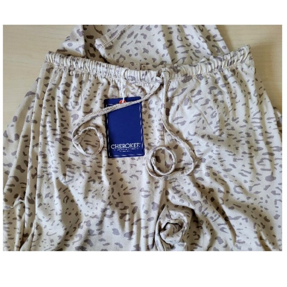 NWT Cherokee Leopard Pajama Pants Size L Drawstring Light Flannel Beige\Brown